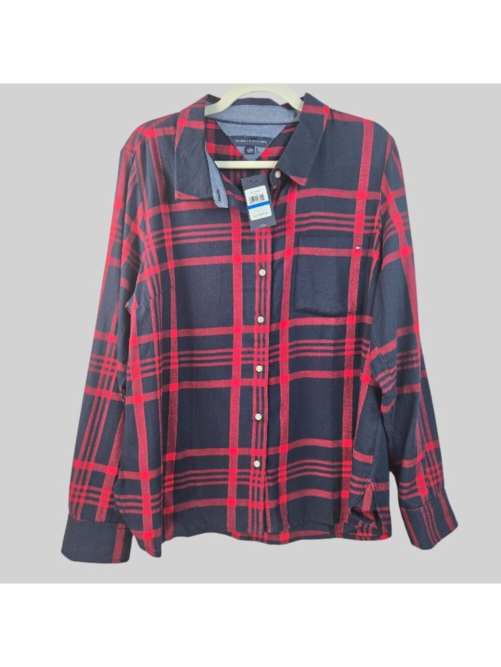 Tommy Hilfiger Button‎ Down Shirt Mens XL Red Blue Plaid Preppy Long Sleeve Top